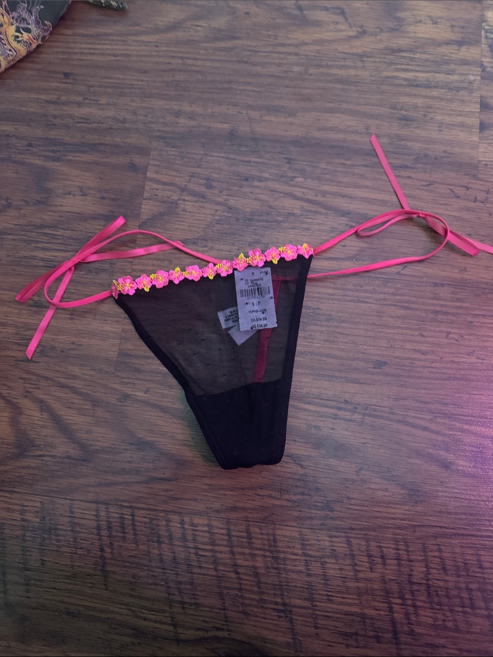 PINK by Victoria’s Secret Mesh Tie-Side Thong with Pink Floral Trim 29.T